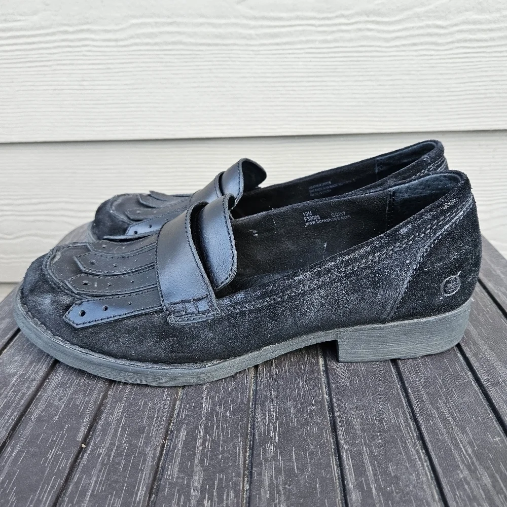 Born Black Suede Leather Penny Loafers with Fringe Slip On Shoes F3003 Womens 10